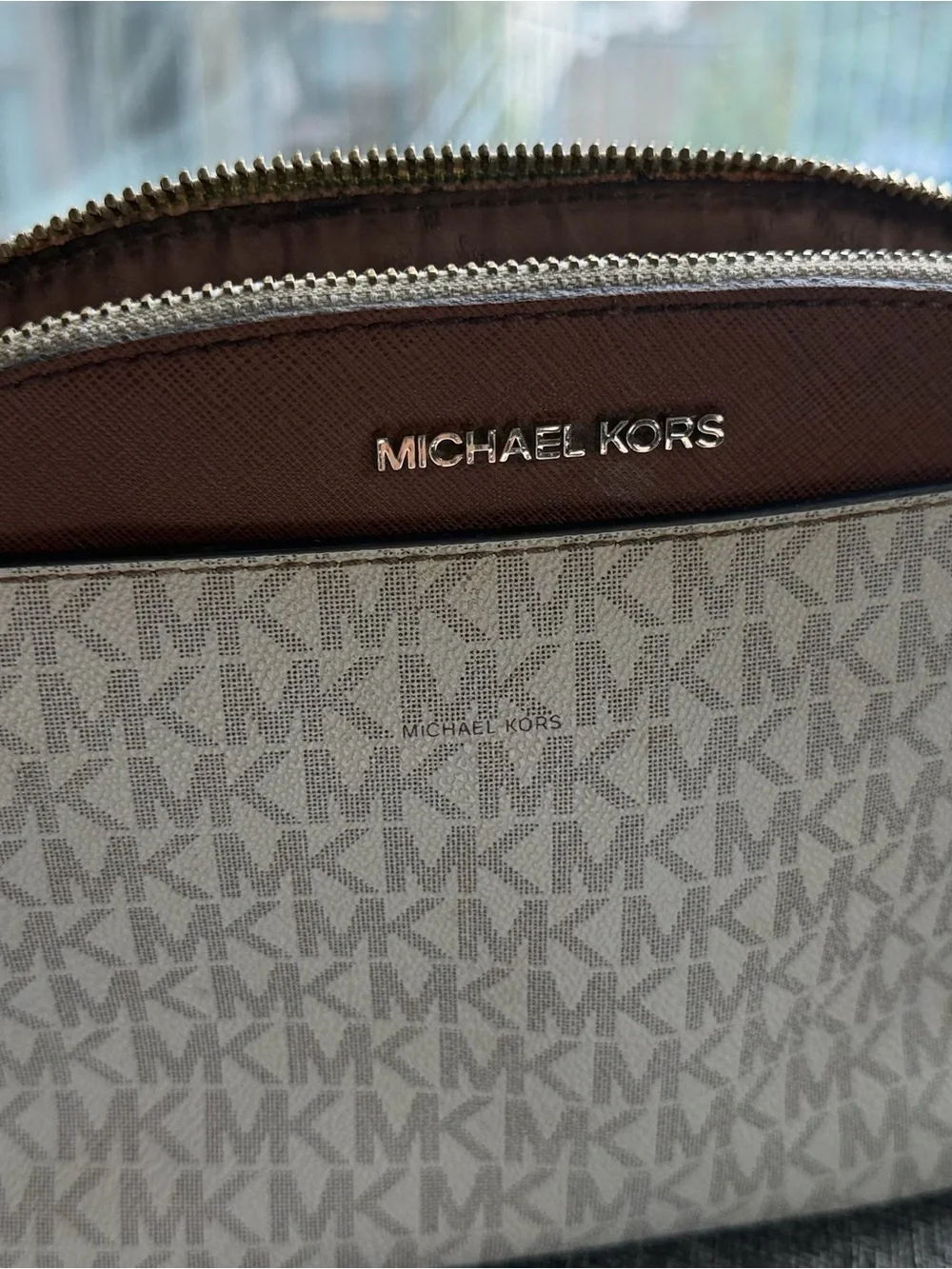 Michael Kors Beige MK Signature Crossbody with Brown Trim